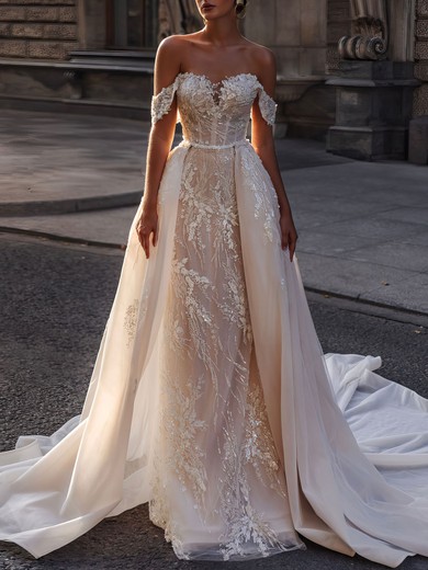 Ball Gown/Princess Off-the-shoulder Tulle Court Train Wedding Dress #UKM00026985