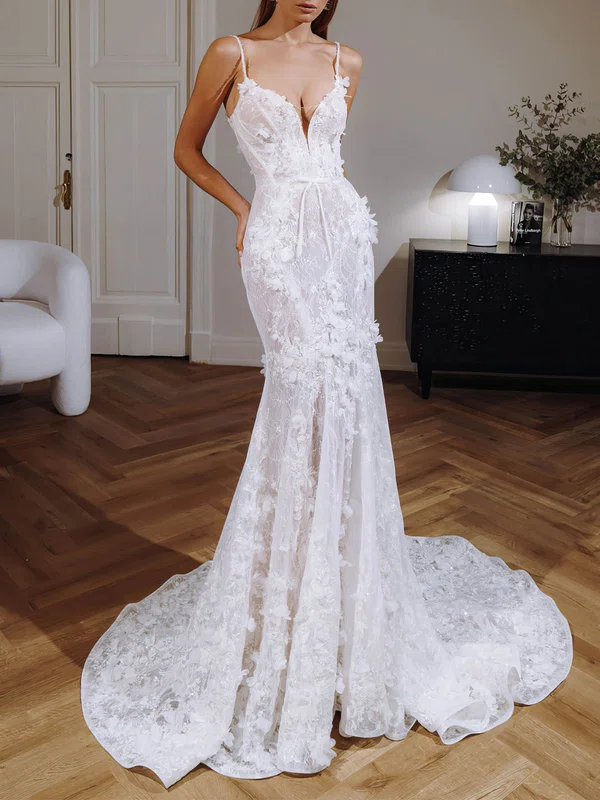 Trumpet/Mermaid V-neck Lace Watteau Train Wedding Dress #UKM00026986