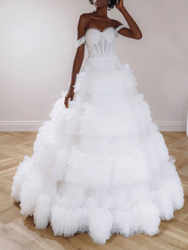 Ball Gown/Princess Off-the-shoulder Tulle Chapel Train Wedding Dress #UKM00026987