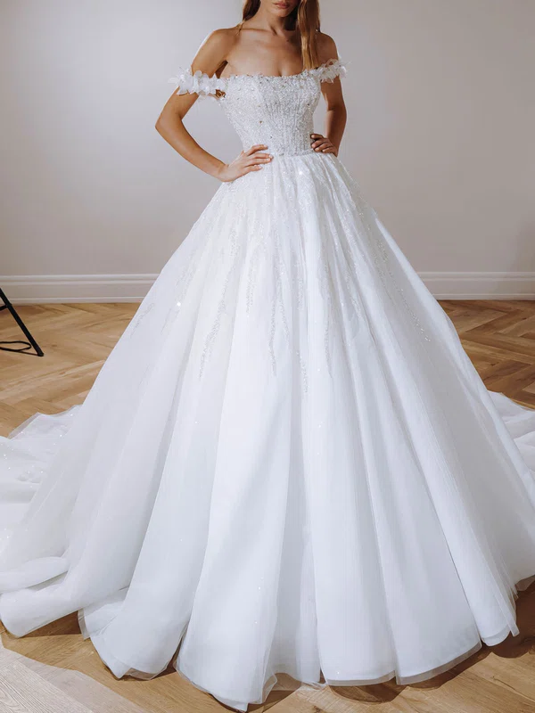 Ball Gown/Princess Off-the-shoulder Tulle Watteau Train Wedding Dress #UKM00026993