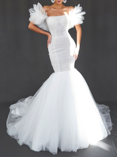 Trumpet/Mermaid Off-the-shoulder Tulle Chapel Train Wedding Dress #UKM00026995