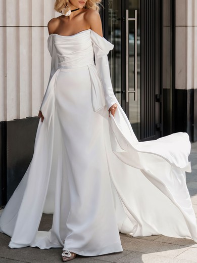 Sheath/Column Off-the-shoulder Satin Chapel Train Wedding Dress #UKM00027005