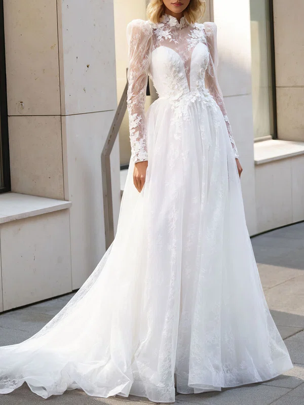 A-line High Neck Lace Chapel Train Wedding Dress #UKM00027006