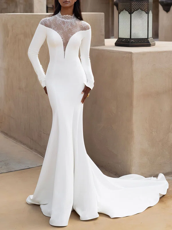 Trumpet/Mermaid High Neck Stretch Crepe Chapel Train Wedding Dress #UKM00027008