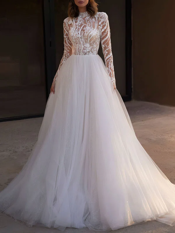 Ball Gown/Princess High Neck Lace Tulle Chapel Train Wedding Dress #UKM00027024