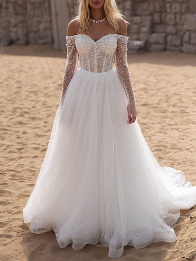 Ball Gown/Princess Off-the-shoulder Tulle Watteau Train Wedding Dress #UKM00027026