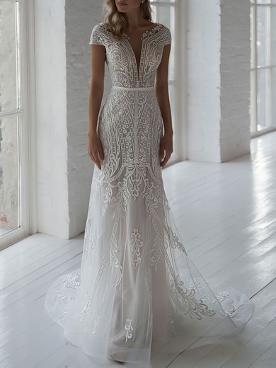 Trumpet/Mermaid V-neck Lace Chapel Train Wedding Dress #UKM00027040