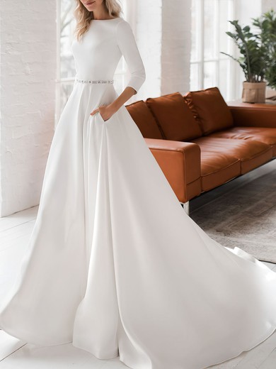 A-line Boat Neckline Stretch Crepe Court Train Wedding Dress #UKM00027041