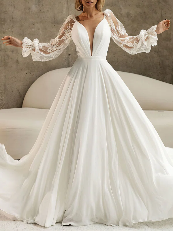 A-line Illusion Lace Chiffon Chapel Train Wedding Dress #UKM00027044