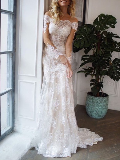 Trumpet/Mermaid Off-the-shoulder Lace Chapel Train Wedding Dress #UKM00027045