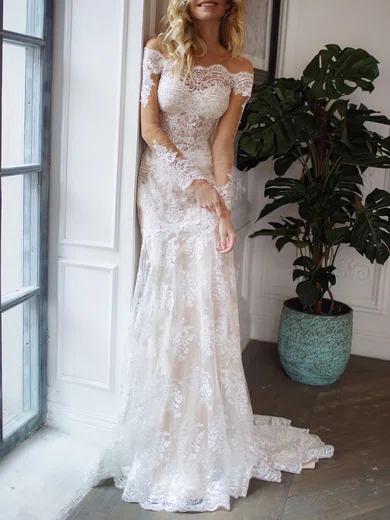 Trumpet/Mermaid Off-the-shoulder Lace Chapel Train Wedding Dress #UKM00027045