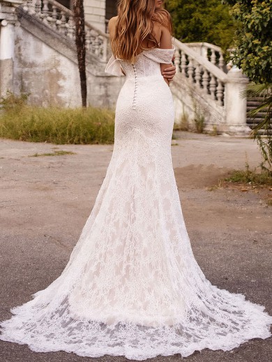 Trumpet/Mermaid Off-the-shoulder Lace Chapel Train Wedding Dress #UKM00027046