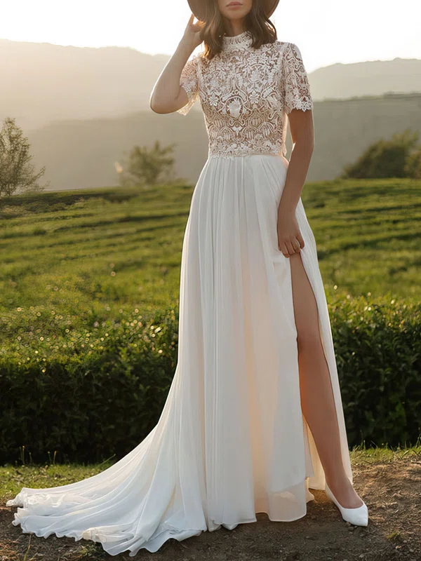 A-line High Neck Lace Chiffon Court Train Wedding Dress #UKM00027050