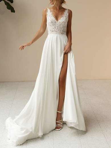 A-line V-neck Lace Chiffon Court Train Wedding Dress #UKM00027053