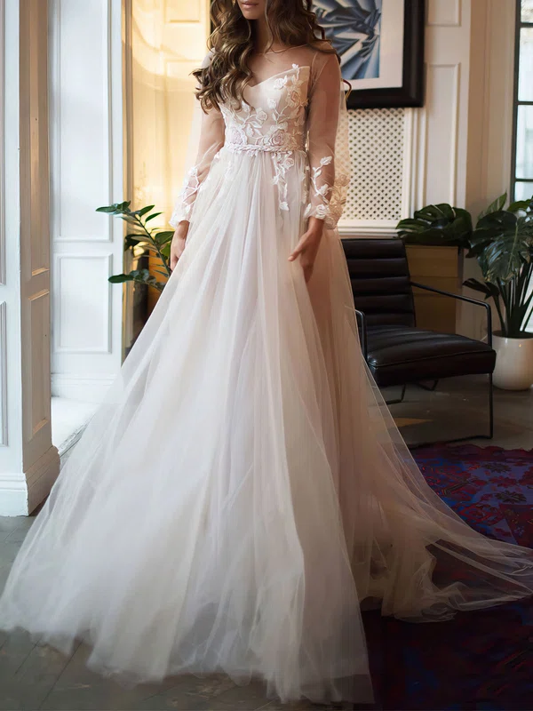 Ball Gown/Princess Illusion Tulle Chapel Train Wedding Dress #UKM00027056