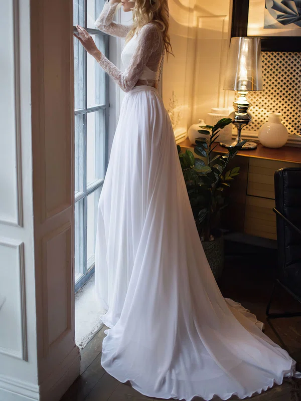 A-line Boat Neckline Lace Chiffon Chapel Train Wedding Dress #UKM00027057