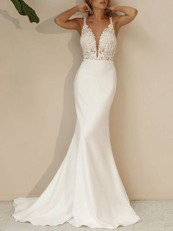 Trumpet/Mermaid V-neck Stretch Crepe Chapel Train Wedding Dress #UKM00027058