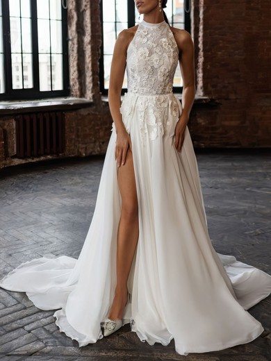 A-line High Neck Chiffon Watteau Train Wedding Dress #UKM00027063