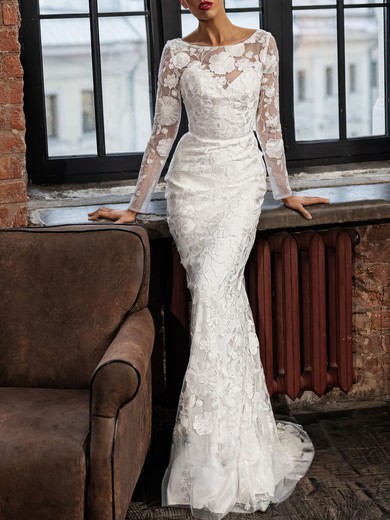 Sheath/Column Boat Neckline Lace Tulle Court Train Wedding Dress #UKM00027064