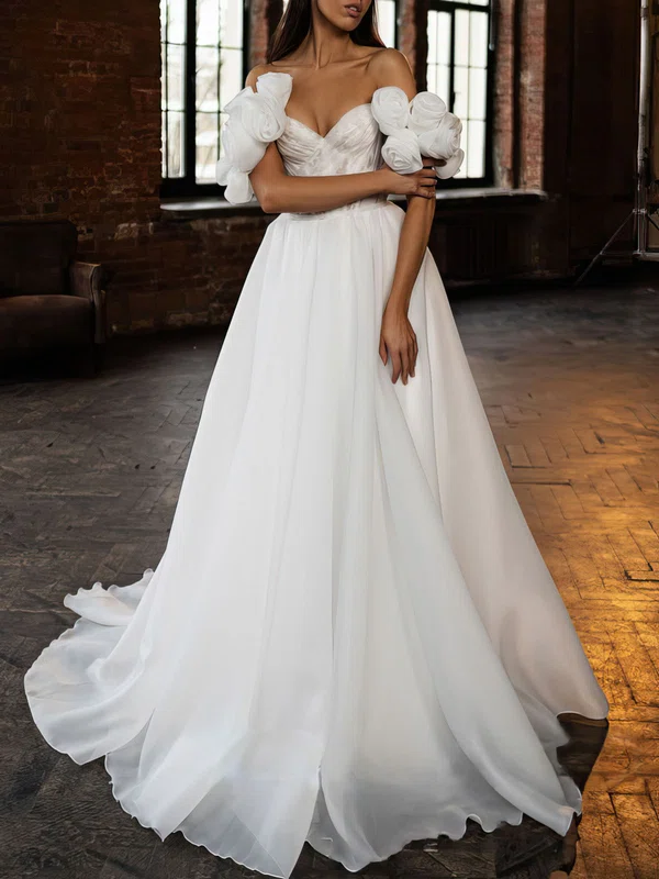 Ball Gown/Princess Off-the-shoulder Satin Chiffon Watteau Train Wedding Dress #UKM00027067