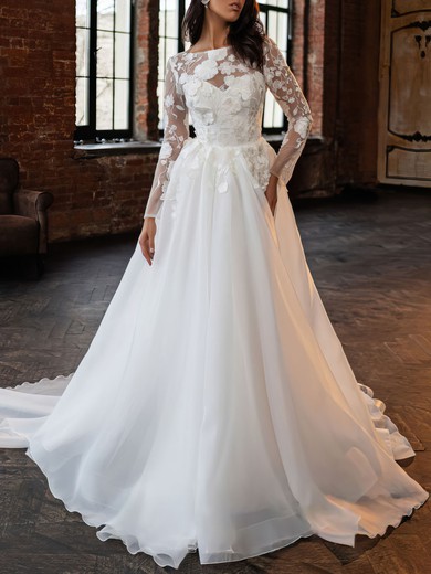 Ball Gown/Princess Boat Neckline Lace Organza Watteau Train Wedding Dress #UKM00027069