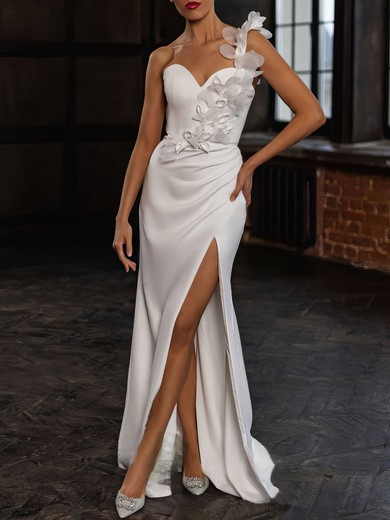 Sheath/Column One Shoulder Stretch Crepe Sweep Train Wedding Dress #UKM00027070