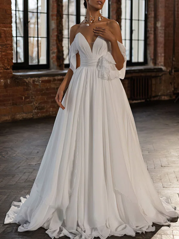 Ball Gown/Princess V-neck Chiffon Court Train Wedding Dress #UKM00027072