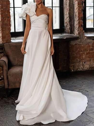 A-line Sweetheart Satin Chapel Train Wedding Dress #UKM00027076