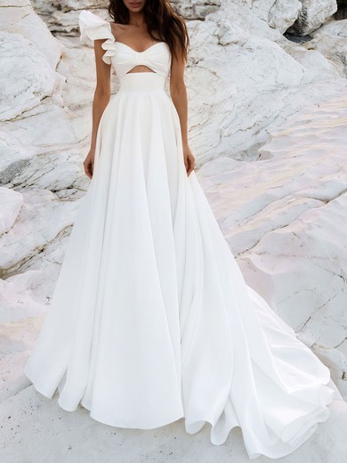 Ball Gown/Princess One Shoulder Satin Watteau Train Wedding Dress #UKM00027170