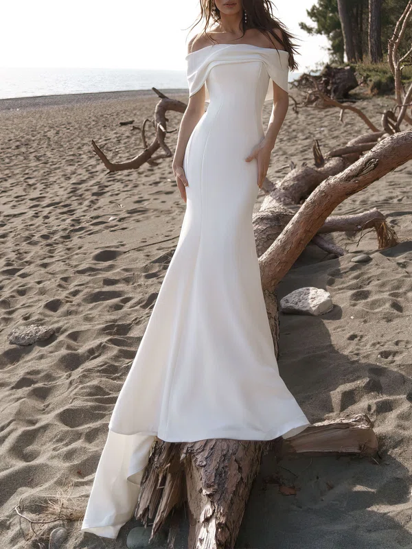 Trumpet/Mermaid Off-the-shoulder Stretch Crepe Chapel Train Wedding Dress #UKM00027173