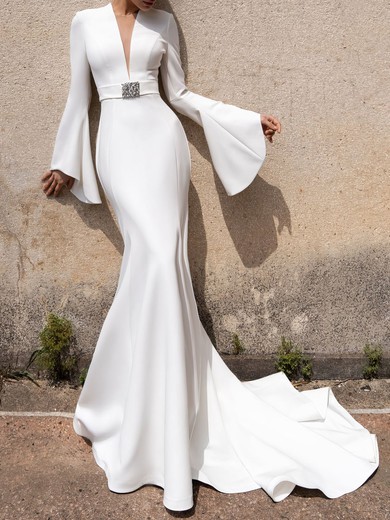 Trumpet/Mermaid V-neck Stretch Crepe Chapel Train Wedding Dress #UKM00027174