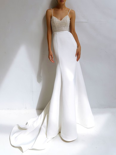 Trumpet/Mermaid V-neck Stretch Crepe Court Train Wedding Dress #UKM00027187