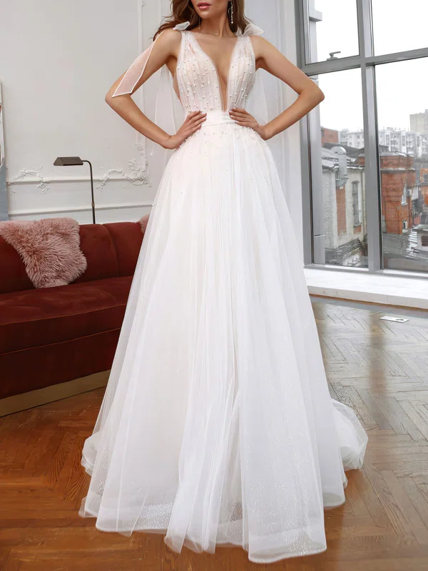 Ball Gown/Princess V-neck Tulle Chapel Train Wedding Dress #UKM00027188