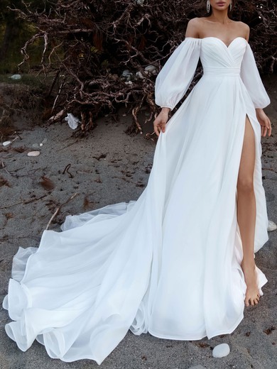 A-line Off-the-shoulder Chiffon Chapel Train Wedding Dress #UKM00027194