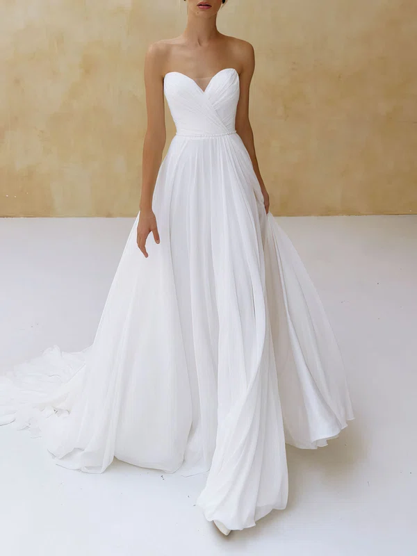 A-line Sweetheart Chiffon Chapel Train Wedding Dress #UKM00027195