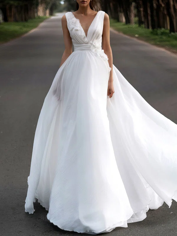 Ball Gown/Princess V-neck Chiffon Chapel Train Wedding Dress #UKM00027196