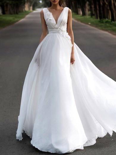 Ball Gown/Princess V-neck Chiffon Chapel Train Wedding Dress #UKM00027196