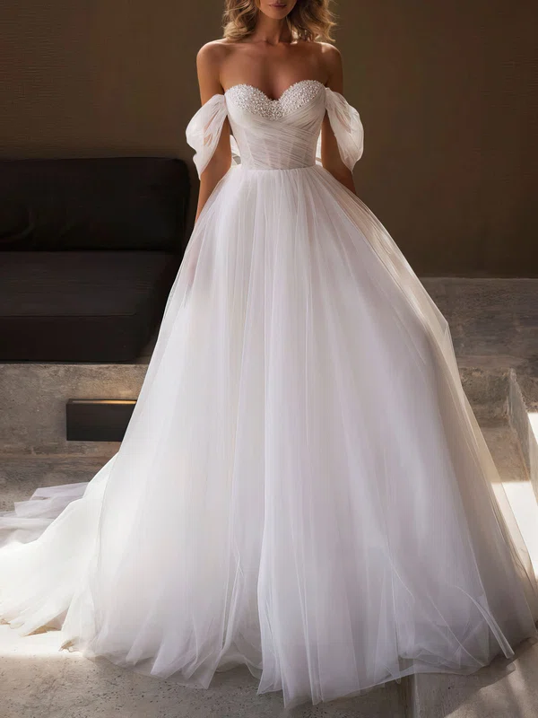 Ball Gown/Princess Off-the-shoulder Tulle Court Train Wedding Dress #UKM00027198