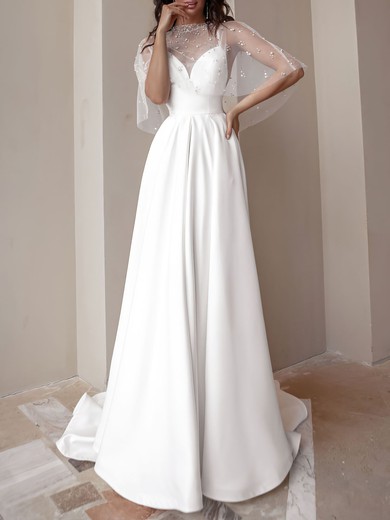 A-line V-neck Satin Chapel Train Wedding Dress #UKM00027202