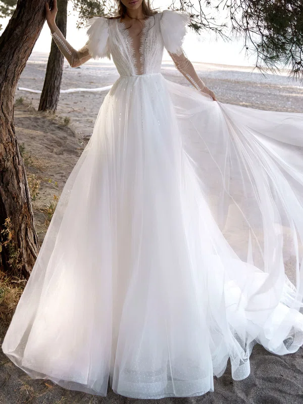 Ball Gown/Princess Illusion Lace Tulle Chapel Train Wedding Dress #UKM00027204