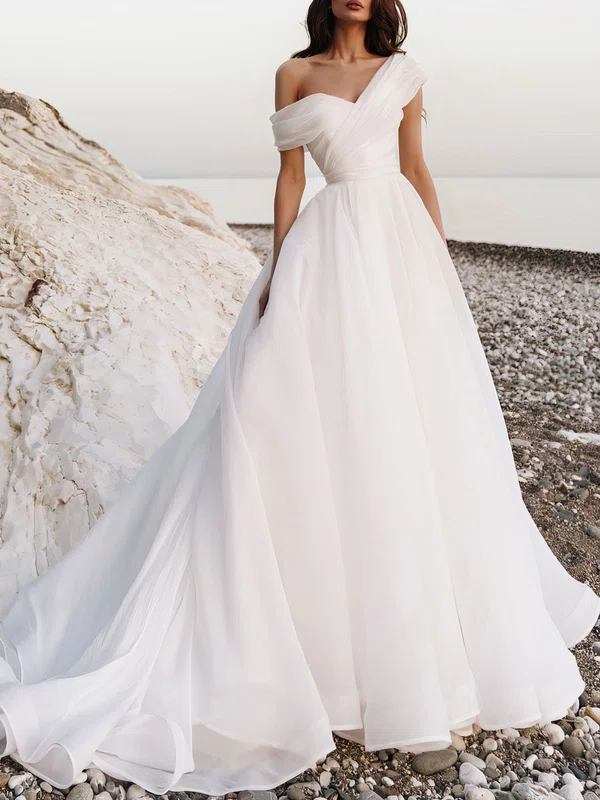 Ball Gown/Princess Asymmetrical Neck Organza Watteau Train Wedding Dress #UKM00027206