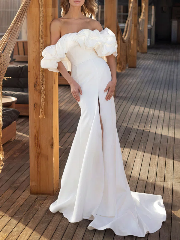 Trumpet/Mermaid Off-the-shoulder Stretch Crepe Chapel Train Wedding Dress #UKM00027208