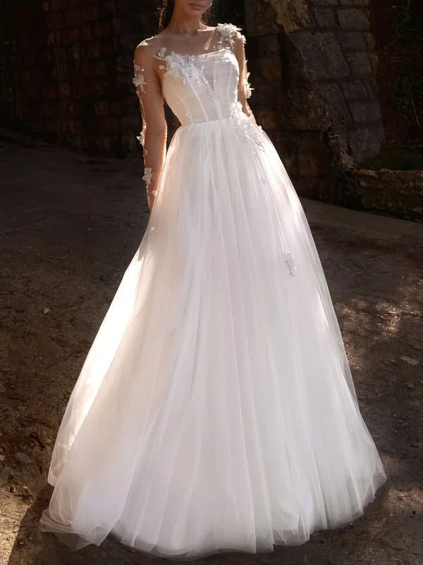 Ball Gown/Princess Illusion Tulle Chapel Train Wedding Dress #UKM00027210