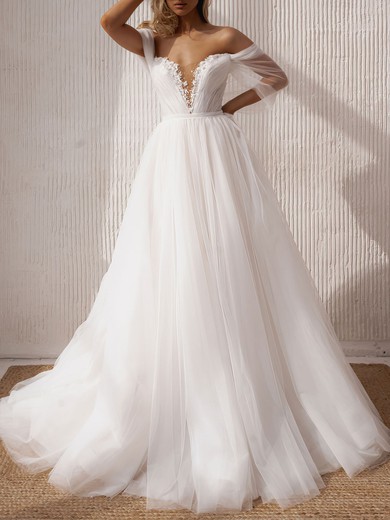 Ball Gown/Princess Off-the-shoulder Tulle Chapel Train Wedding Dress #UKM00027211