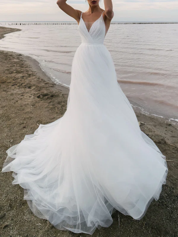 Ball Gown/Princess V-neck Tulle Chapel Train Wedding Dress #UKM00027213