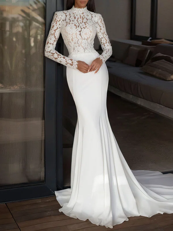 Trumpet/Mermaid Cowl Neck Lace Stretch Crepe Court Train Wedding Dress #UKM00027215