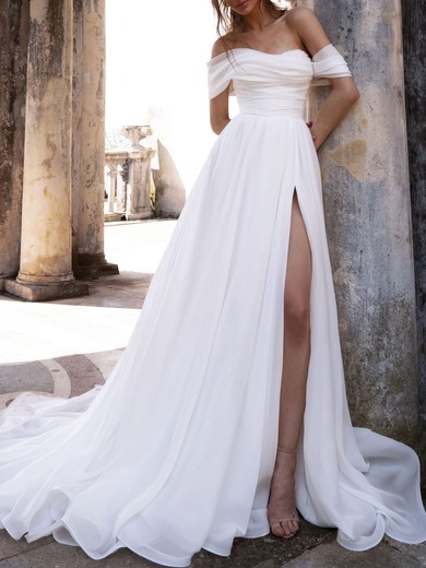 A-line Off-the-shoulder Chiffon Chapel Train Wedding Dress #UKM00027218