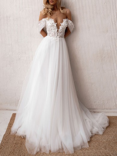 Ball Gown/Princess Off-the-shoulder Tulle Chapel Train Wedding Dress #UKM00027219