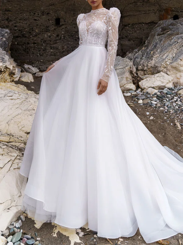 A-line High Neck Lace Tulle Chapel Train Wedding Dress #UKM00027224