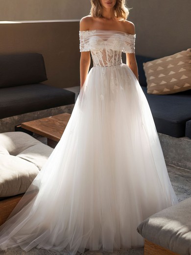 Ball Gown/Princess Off-the-shoulder Tulle Court Train Wedding Dress #UKM00027226